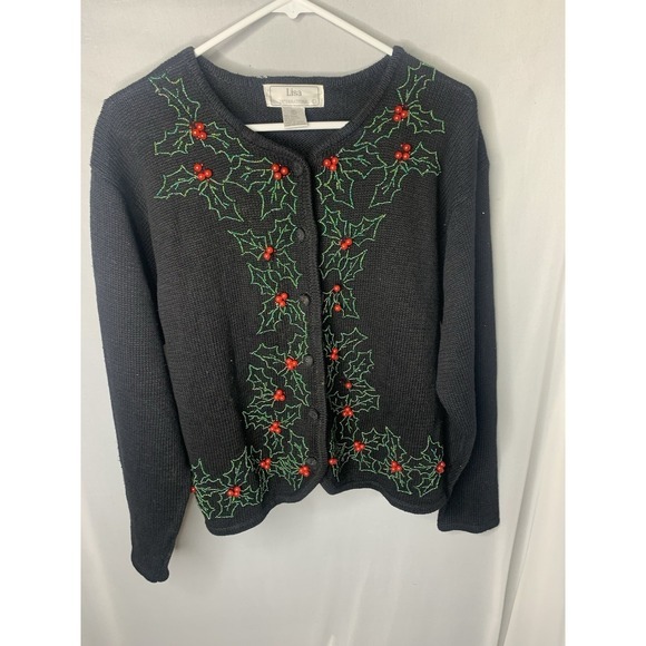 Women's‎ XL Vintage Christmas  Beaded Holly Cardigan Grandma Sweater Cottage - Picture 1 of 7
